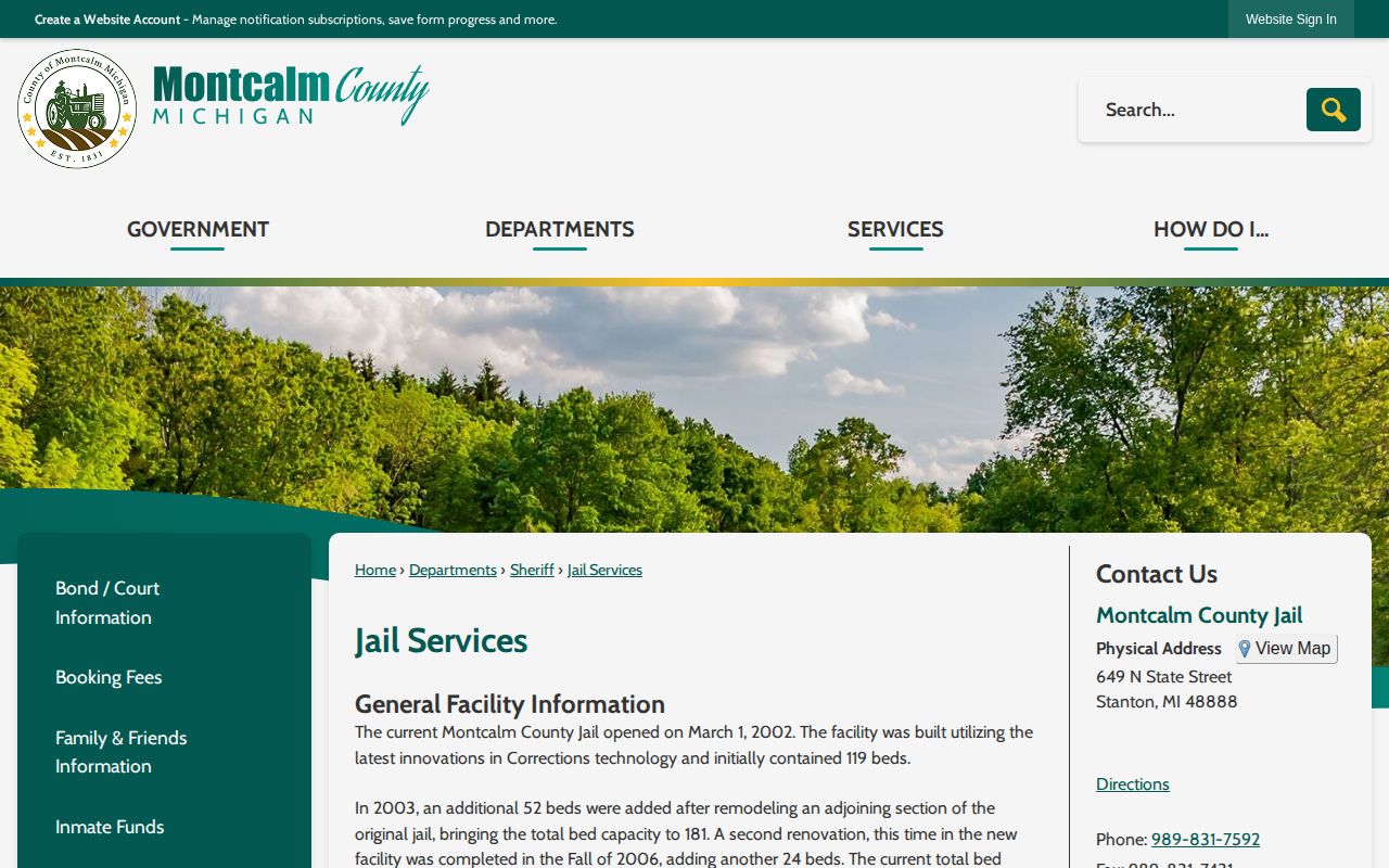 Montcalm County Jail release status telephone and information menu