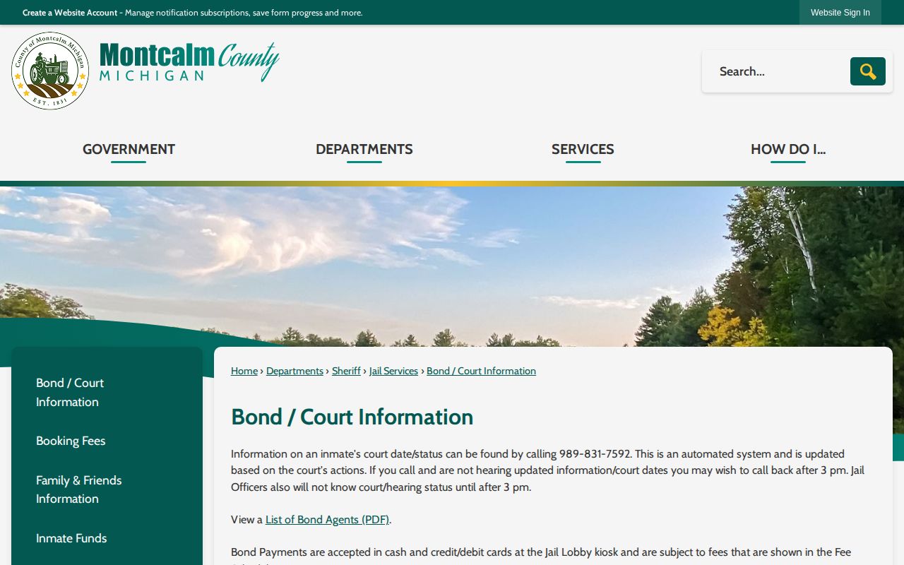 Montcalm County Jail bond payment and release status channels