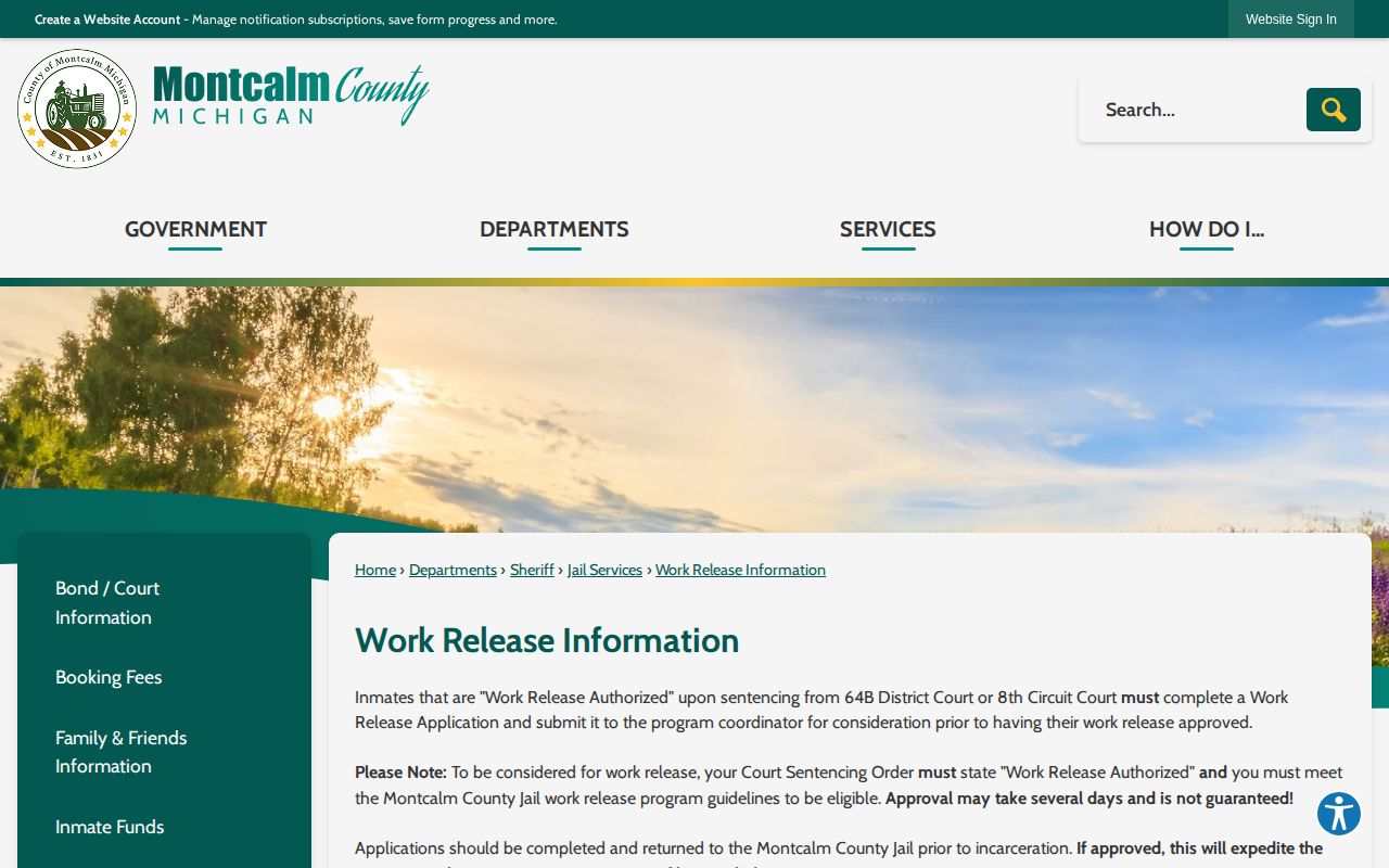 Montcalm County work release custody and authorization rules