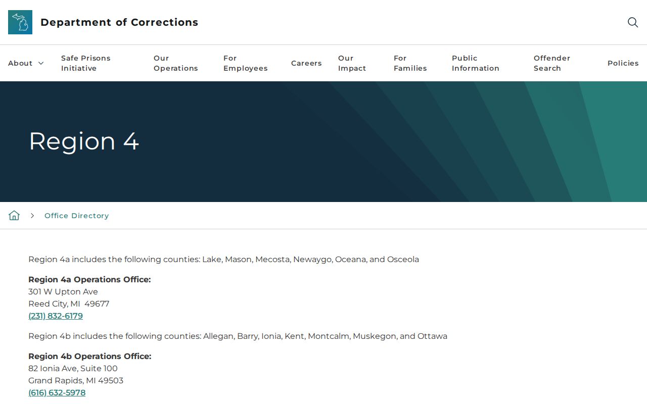 Montcalm County parole and probation office entry in the MDOC directory