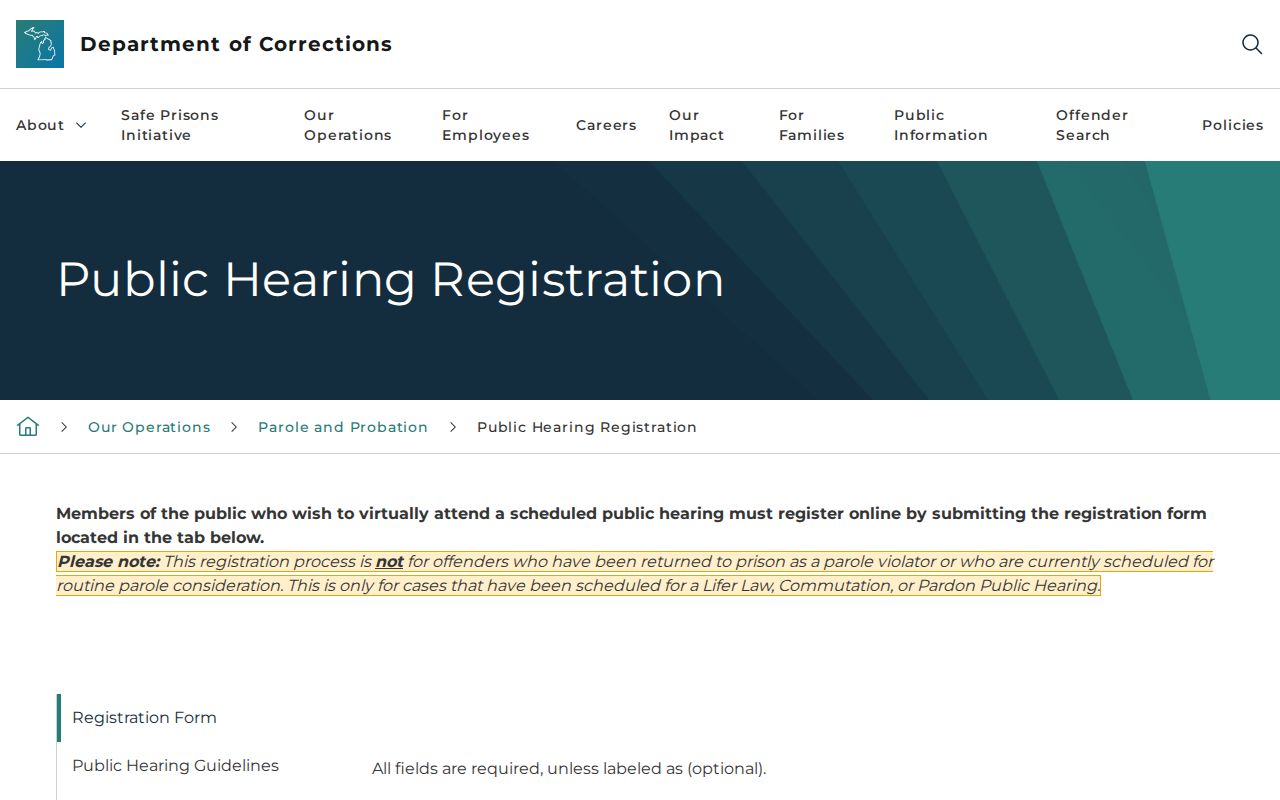 Michigan Parole Board public hearing schedule for Montcalm County supervision research